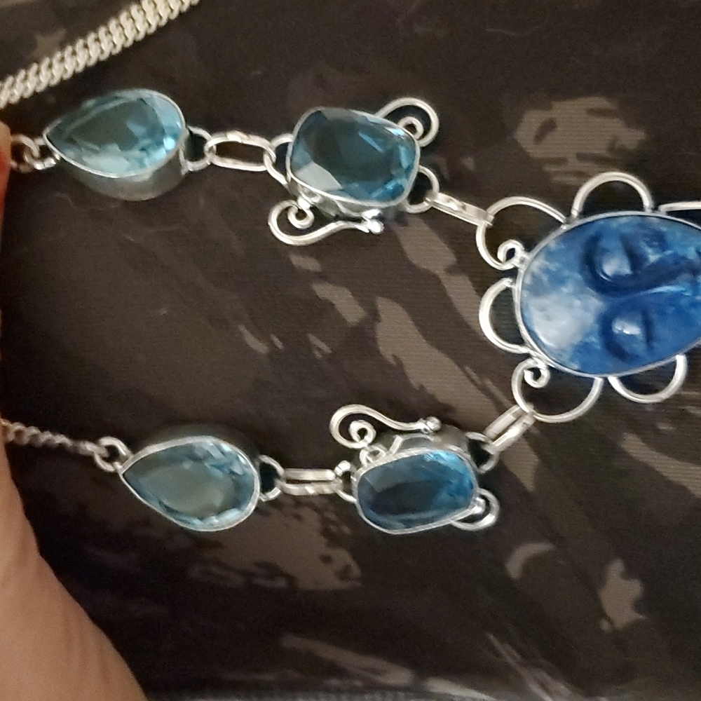 New Goddess Face Lazulite and Blue Topaz 925 Silver Necklace. - Picture 4 of 7